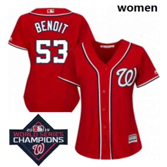 Womens Majestic Washington Nationals 53 Joaquin Benoit Red Alternate 1 Cool Base MLB Stitched 2019 World Series Champions Patch Jersey